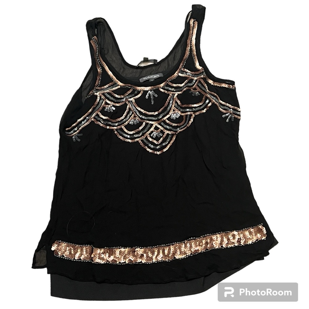 Michael Stars Tank Top, Black, Sheer, Fully Lined, with Gold and Silver Sequins